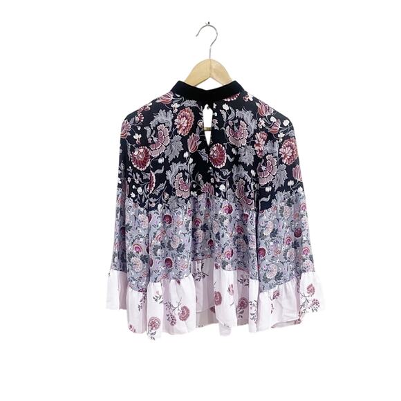 LOFT Velvet Collar Floral Mixed Print Tiered Ruffle Boho Blouse Top XXS - Picture 2 of 10